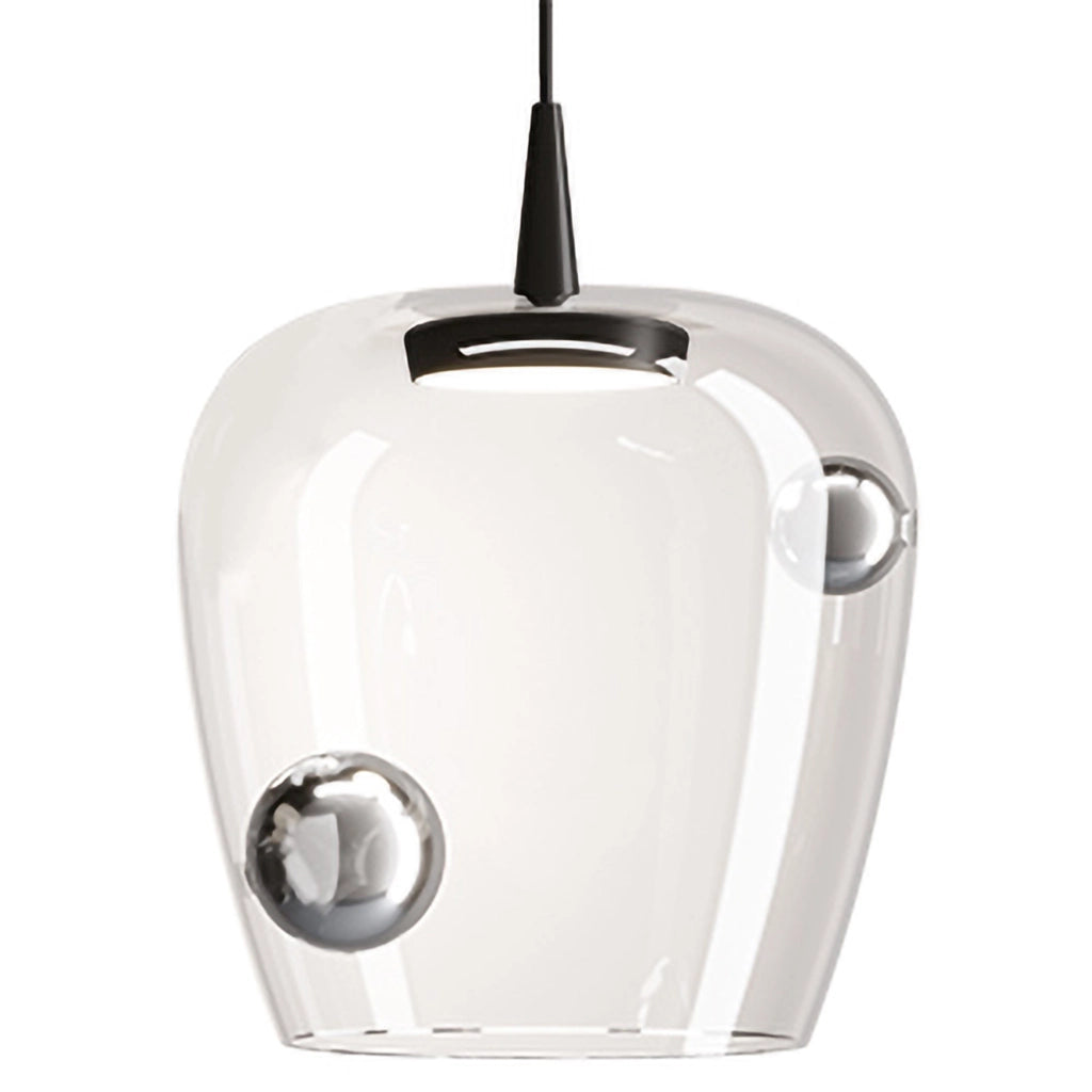 Zafferano Lampada a sospensione Bilia LED 8W 2700K Vetro Borosilicato Soffiato, finitura Nero e Argento, design a campana moderno, diametro 27 cm