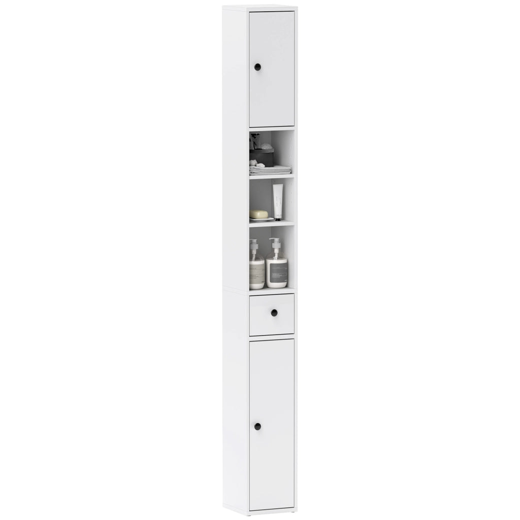 Colonna Bagno Salvaspazio 20x20x178 cm con Armadietti Ripiani Aperti e Cassetto in Legno Bianco