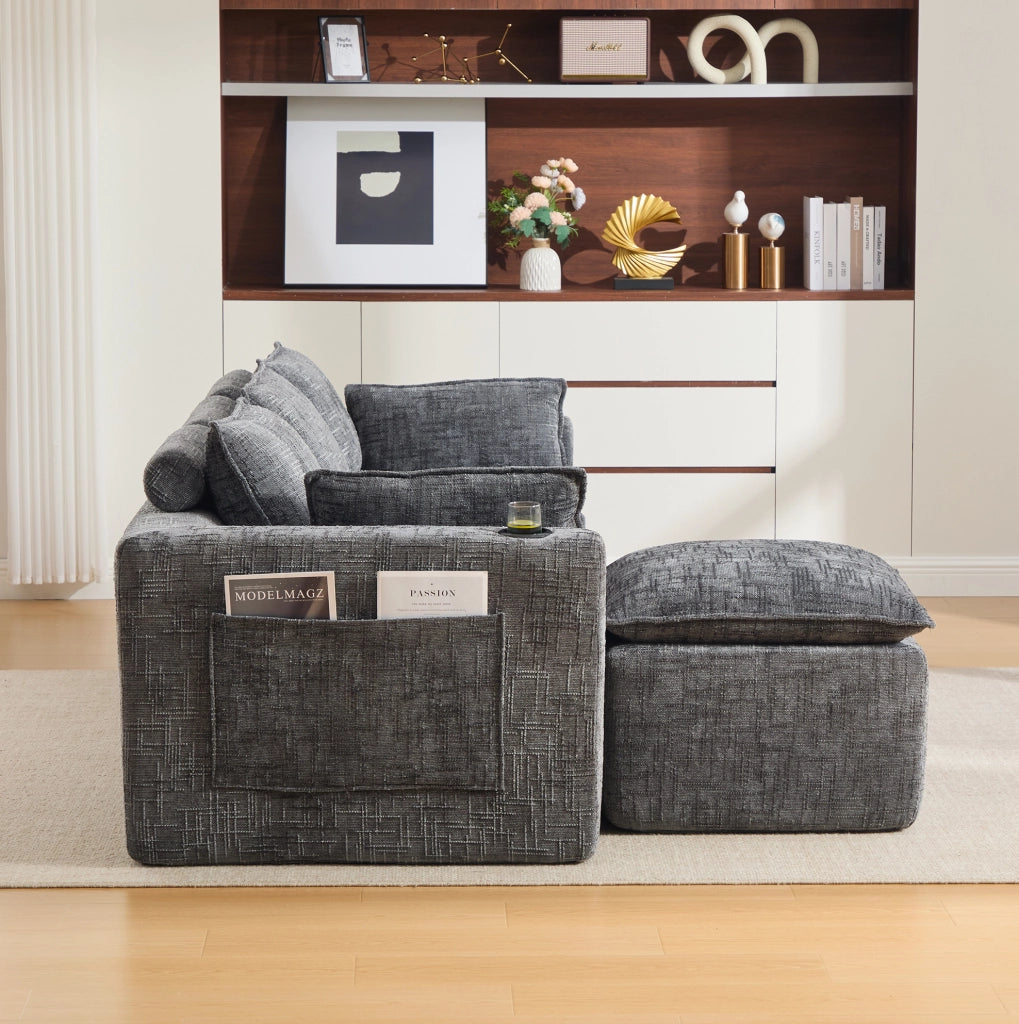 Divano modulare con pouf 256x161x75 cm in ciniglia grigio scuro