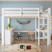 Letto a castello bianco con scrivania cassetti e scaffale in legno di pino e MDF 90x200 cm