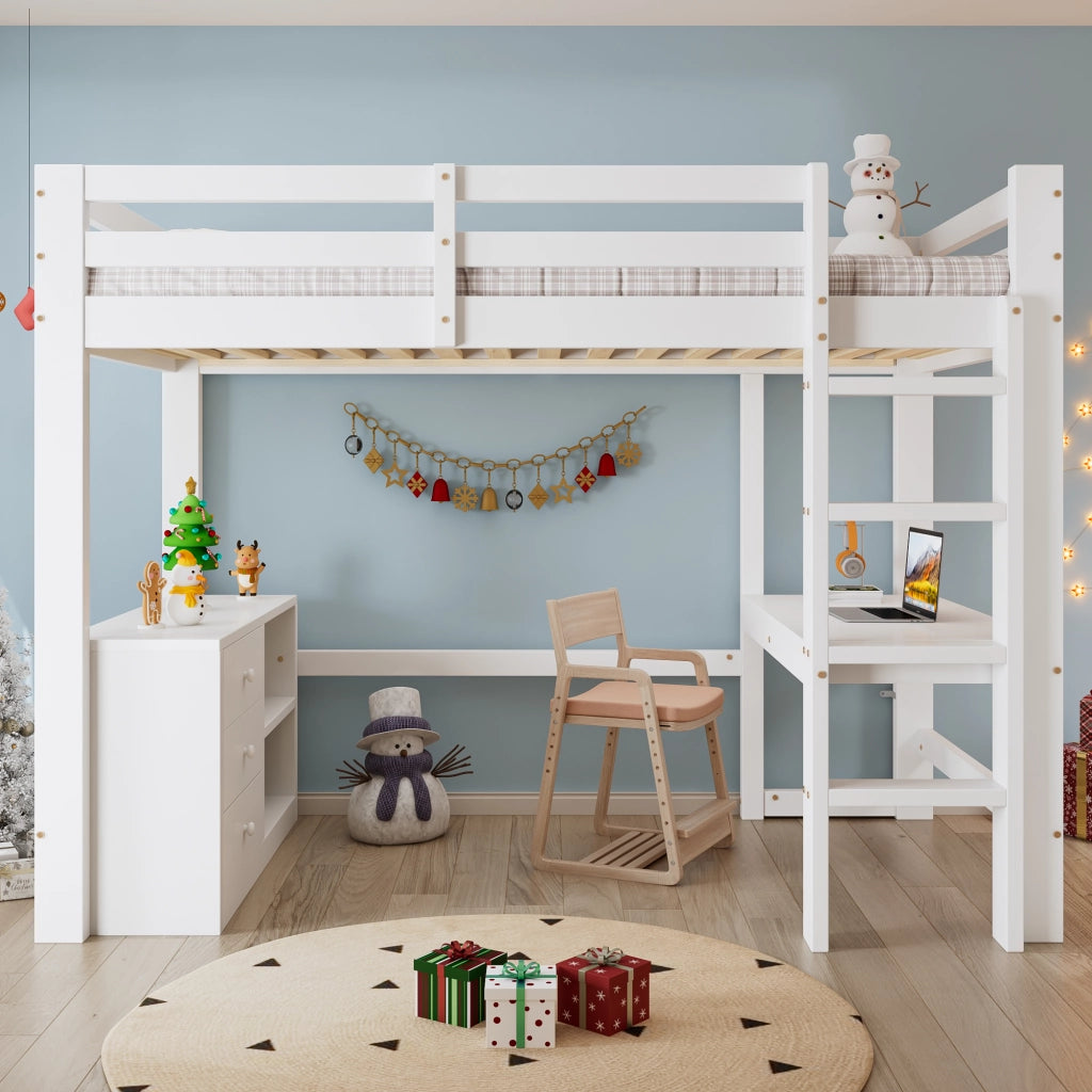 Letto a castello bianco con scrivania cassetti e scaffale in legno di pino e MDF 90x200 cm