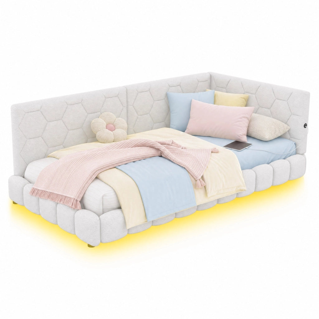 Divano letto 90x200 cm con luce LED a 16 colori; USB e USB-C; bianco