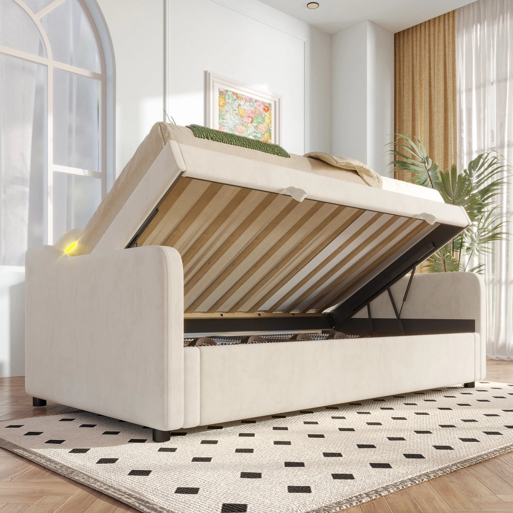 OKWISH Letto Divano 90×200 cm, Letto Singolo con Contenitore, LED Multicolore e Testiera Ondulata, senza Materasso, in Velluto, Beige