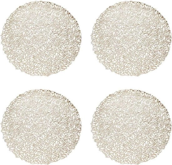 Tavoli placemats metallici a rilievo, 4 pezzi, decorativi con vinile gelato e antiscivolo, PVC isolanti, oro, 38cm