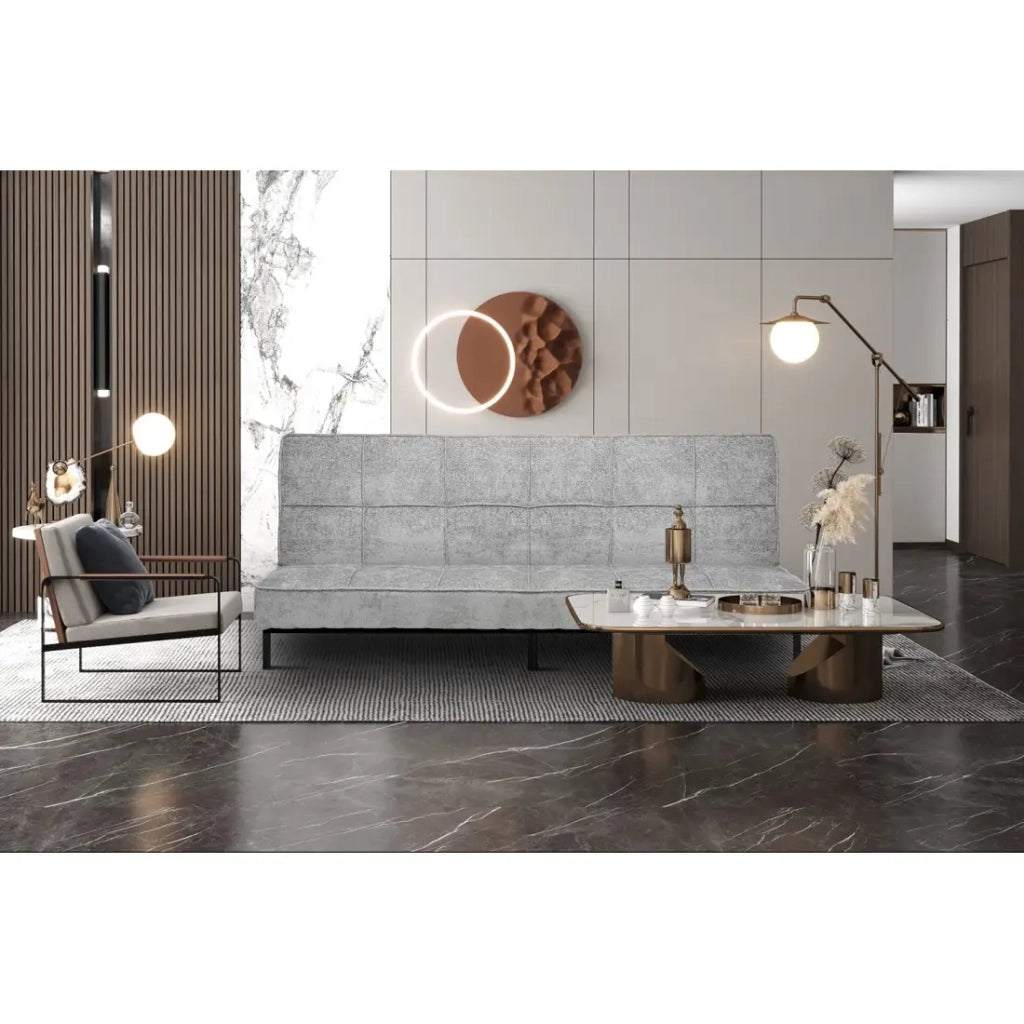 Divano letto CALMORA – Tessuto grigio – Materasso integrato – Struttura in legno – Design compatto ed elegante
