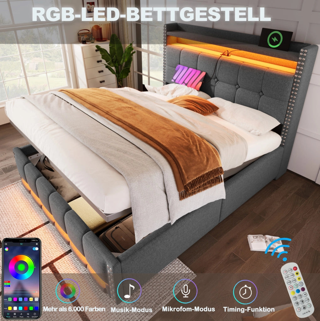 Letto matrimoniale imbottito 140x200 cm in tessuto grigio con LED; USB e contenitore