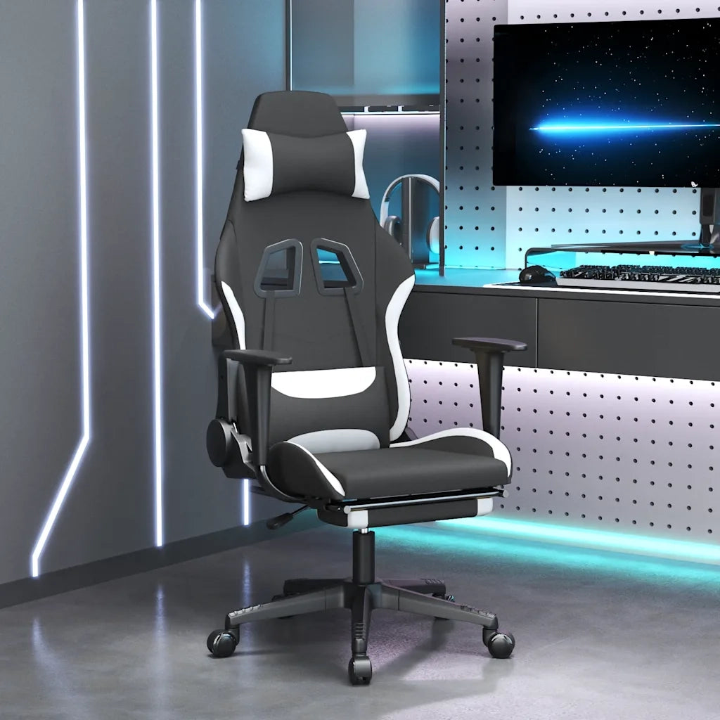 Sedia da Gaming | Sedia da e-sports Massaggio e Poggiapiedi Tessuto Nero e Bianco