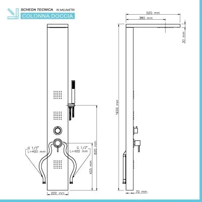 Colonna doccia satinata multi getto con 3 funzioni in acciaio inox