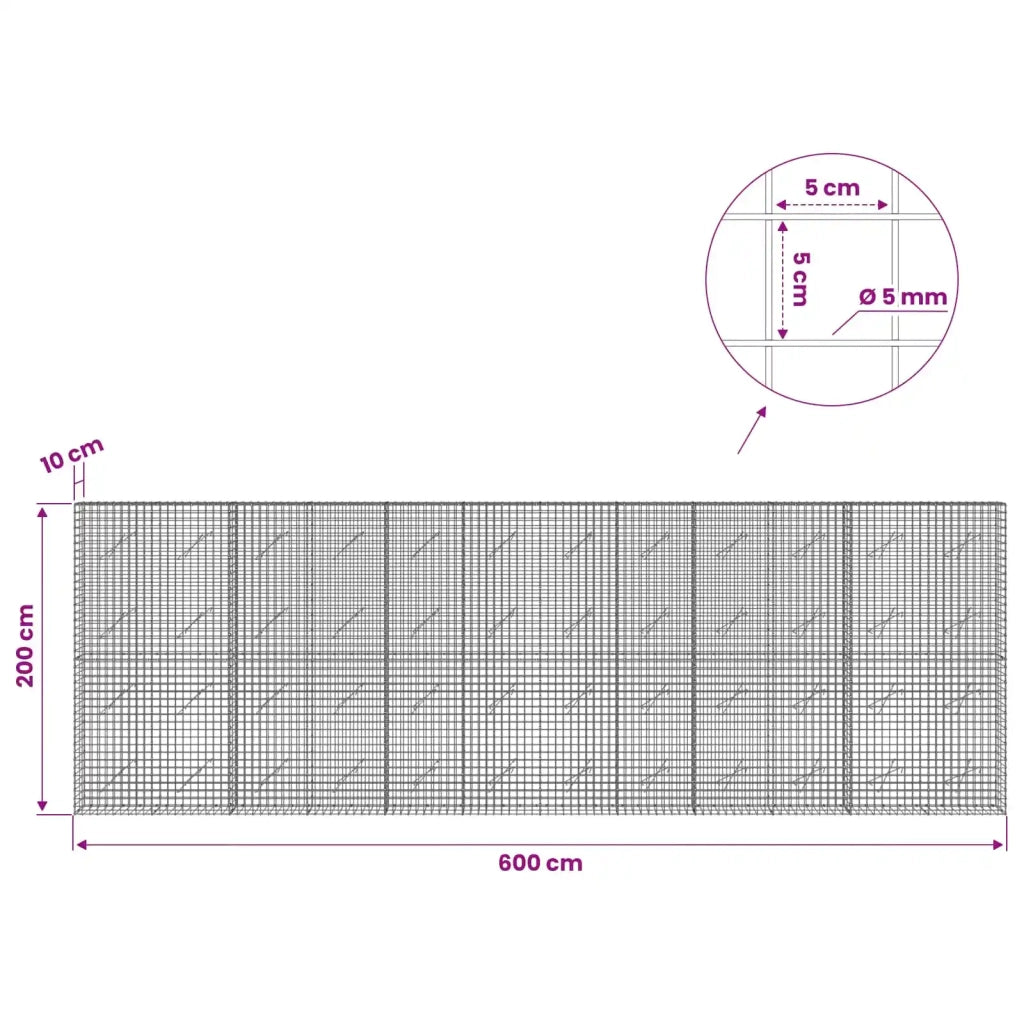 Gabione con Filo da 5 mm e Rete da 5x5 cm 600x10x200 cm 3464022