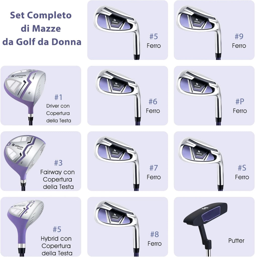 Set Completo di Mazze da Golf per Donna, con Driver 460CC 1, Fairway 3, Ibrido 5, Ferri 5, 6, 7, 8, 9, P e S, Putter e Borsa Portatile Leggera, Destrorso
