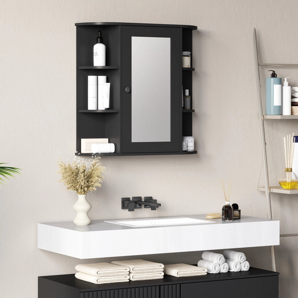 Specchiera Bagno con Ripiani Aperti e Chiusi ¨C zephmum ¨C Legno Vetro Nero 66x17x63 cm