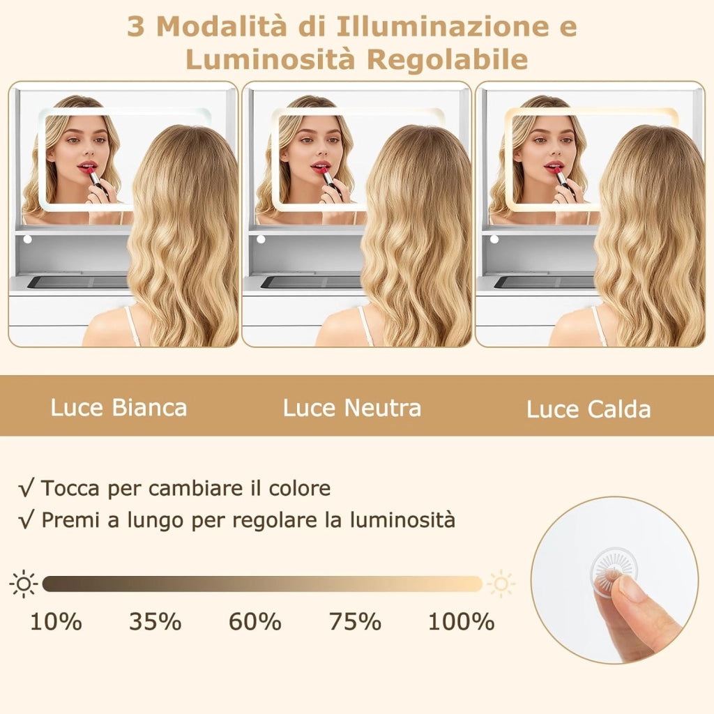 Toeletta Trucco con Luci LED e Sgabello Imbottito, Specchiera con Stazione di Ricarica e Luminosità Regolabile, Set Consolle Trucco con Piano in Vetro Temperato e 2 Cassetti (Bianco)