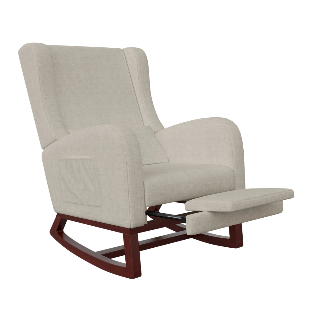 Poltrona relax a dondolo 67x64x99 cm con poggiapiedi; sedia a dondolo da interno per allattamento struttura in legno e velluto opaco; beige