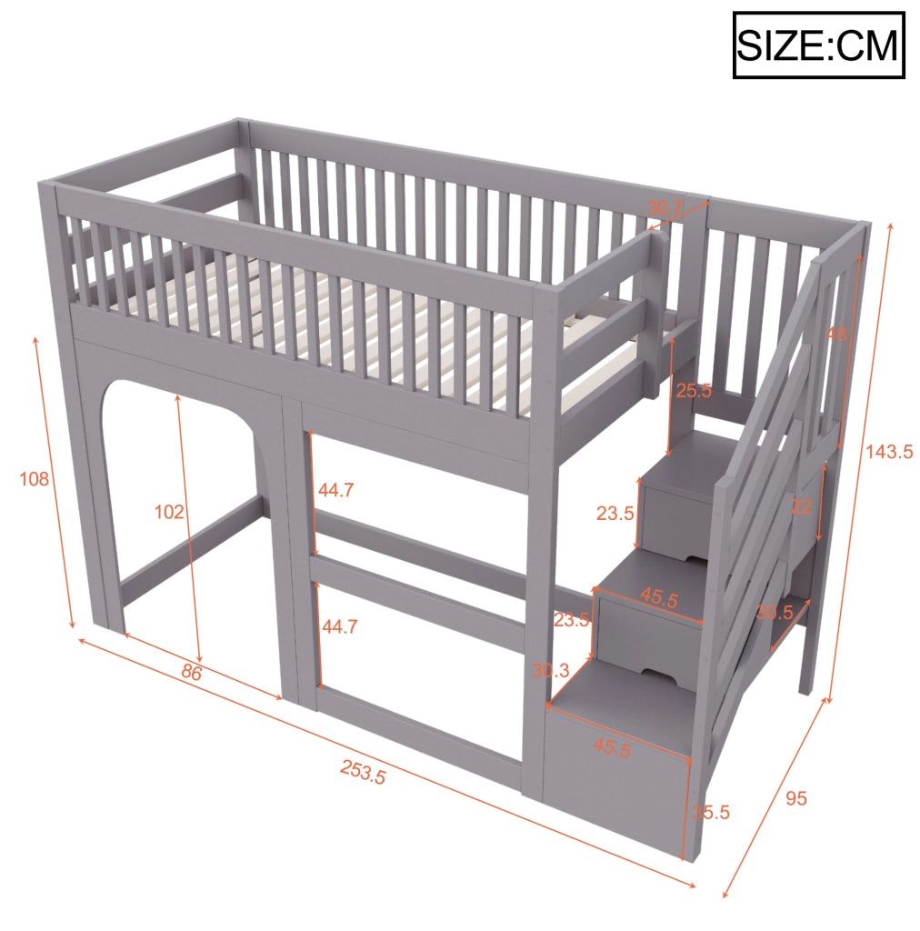 Letto a soppalco per bambini 90x200 cm in legno grigio con scala contenitore e LED