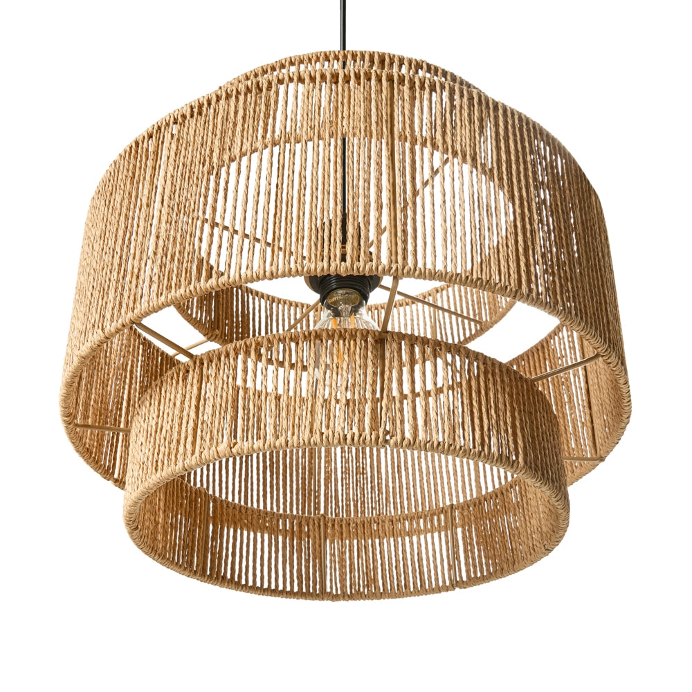 Lampada a sospensione Corda di carta naturale Base nera opaca Sala da pranzo Soggiorno Stile Boho