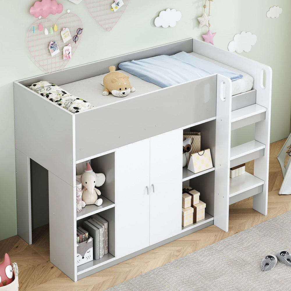Letto a Soppalco Multifunzione con Armadio e Scaffali ¨C MINIMAL ¨C Grigio 90x200