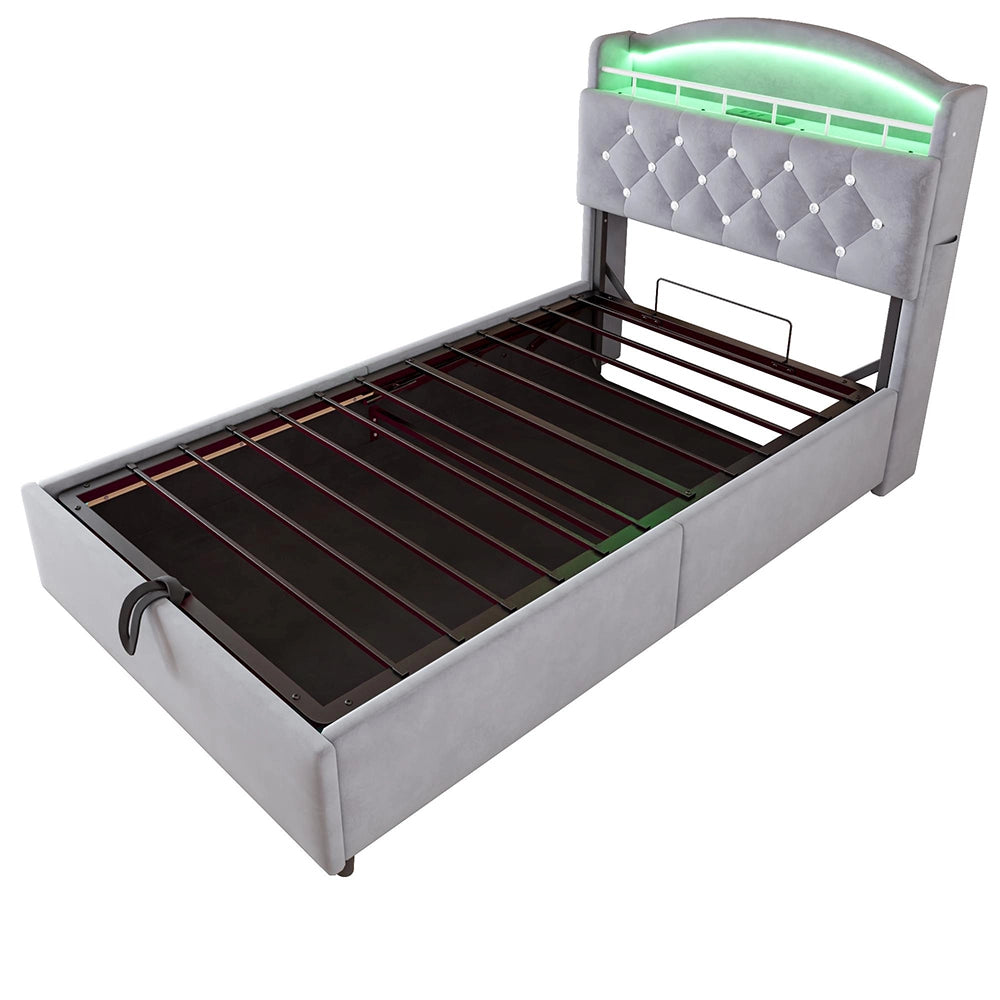 Letto bambino-Xylo-90x200 cm-LED, USB, spazio idraulico, velluto grigio