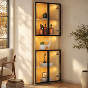 Vetrina angolare LED in MDF effetto rovere 62x32x160 cm con ante in vetro e chiusura soft-close