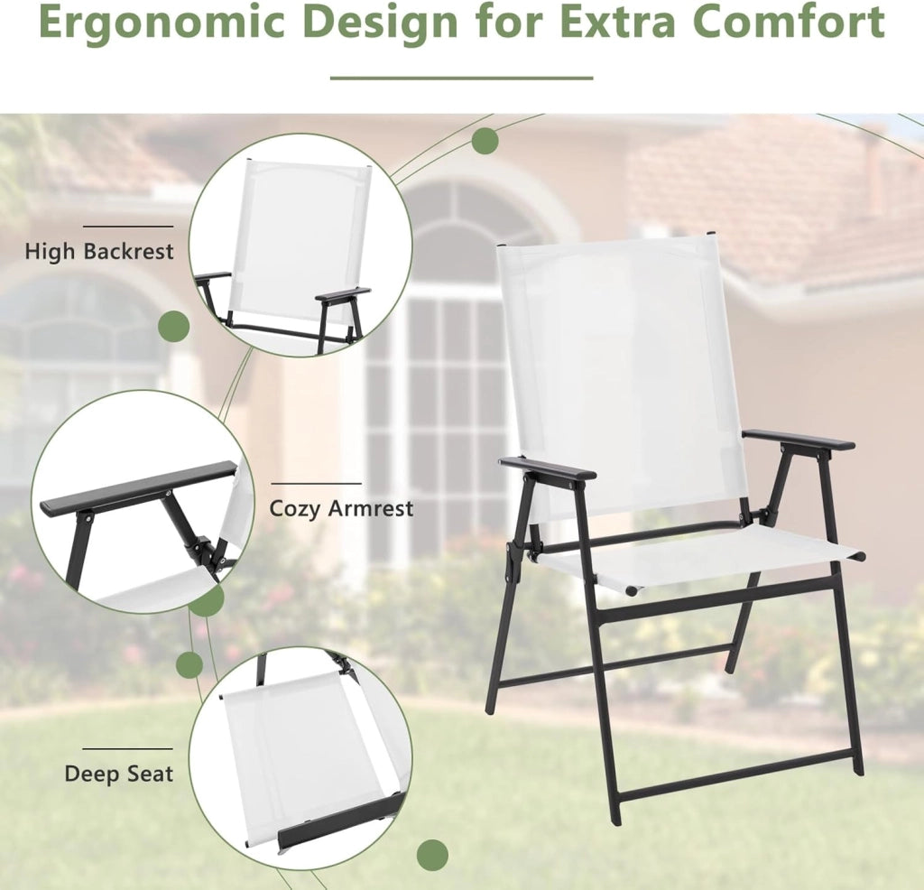 Set di 4 sedie da giardino pieghevoli, con schienale alto e bracciolo, in metallo e tessuto, portata fino a 150 kg (bianco, 4)