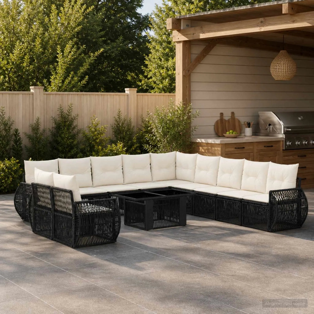 Set Divano da Giardino 12 pz Nero e Bianco Crema polyrattan 3436969