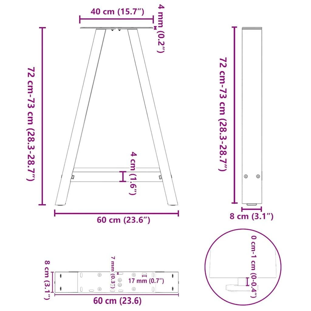 Set di 2 gambe per tavolo da pranzo a forma di A 60 x 72-73 cm con piedini regolabili design moderno acciaio nero 02_0057126