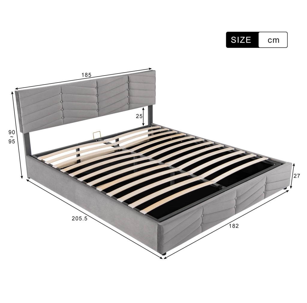 Letto imbottito matrimoniale 180x200 cm in velluto grigio con testiera regolabile e contenitore