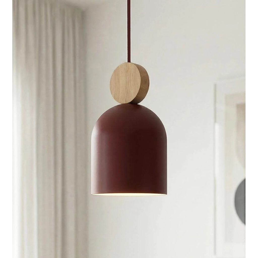 Lampada a sospensione MESI in acciaio bordeaux e legno