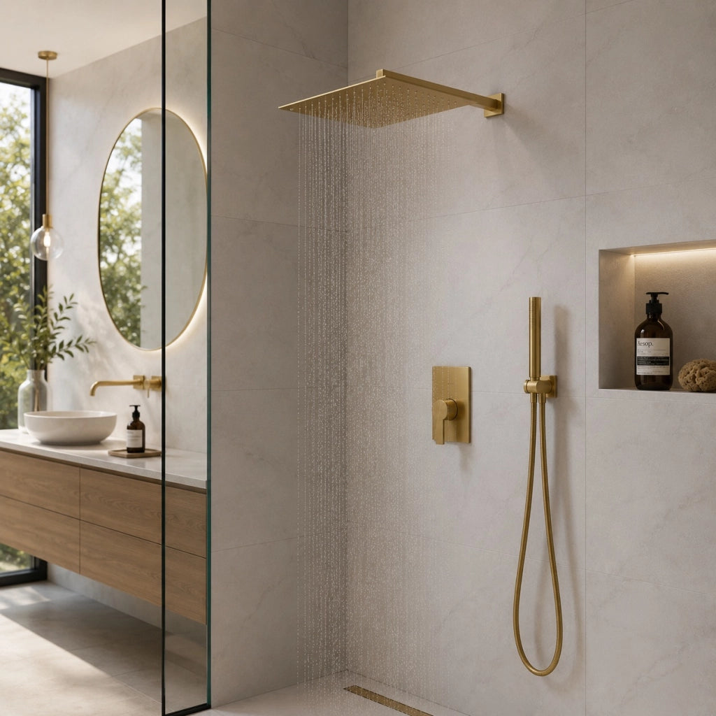 Soffione Doccia Per Bagno Ultra Slim Quadrato 25x25 cm Oro Satinato 1/2" 87882