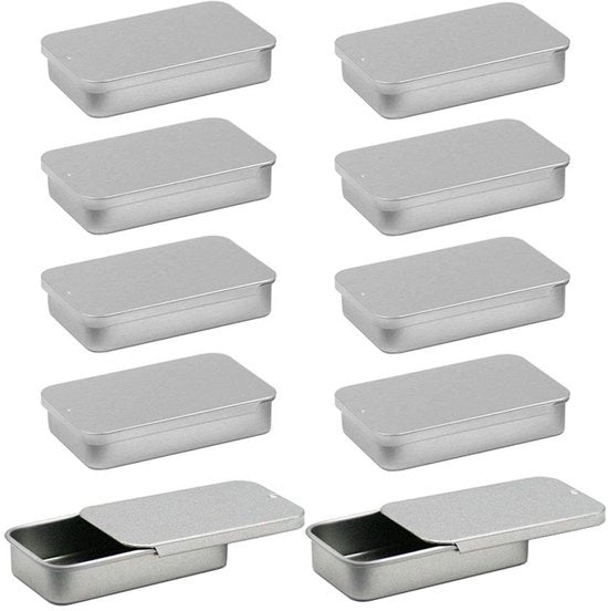 Cassa di archiviazione metallica portatile - 10 pezzi - Scatola di archiviazione con coperchio scorrevole - Dimensioni: 60 x 34 x 12 mm - Fatto di acciaio inossidabile