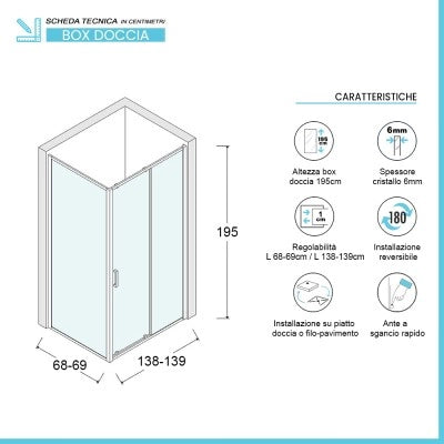 Box doccia angolare 70x140 cm Icon fisso + scorrevole con vetro trasparente