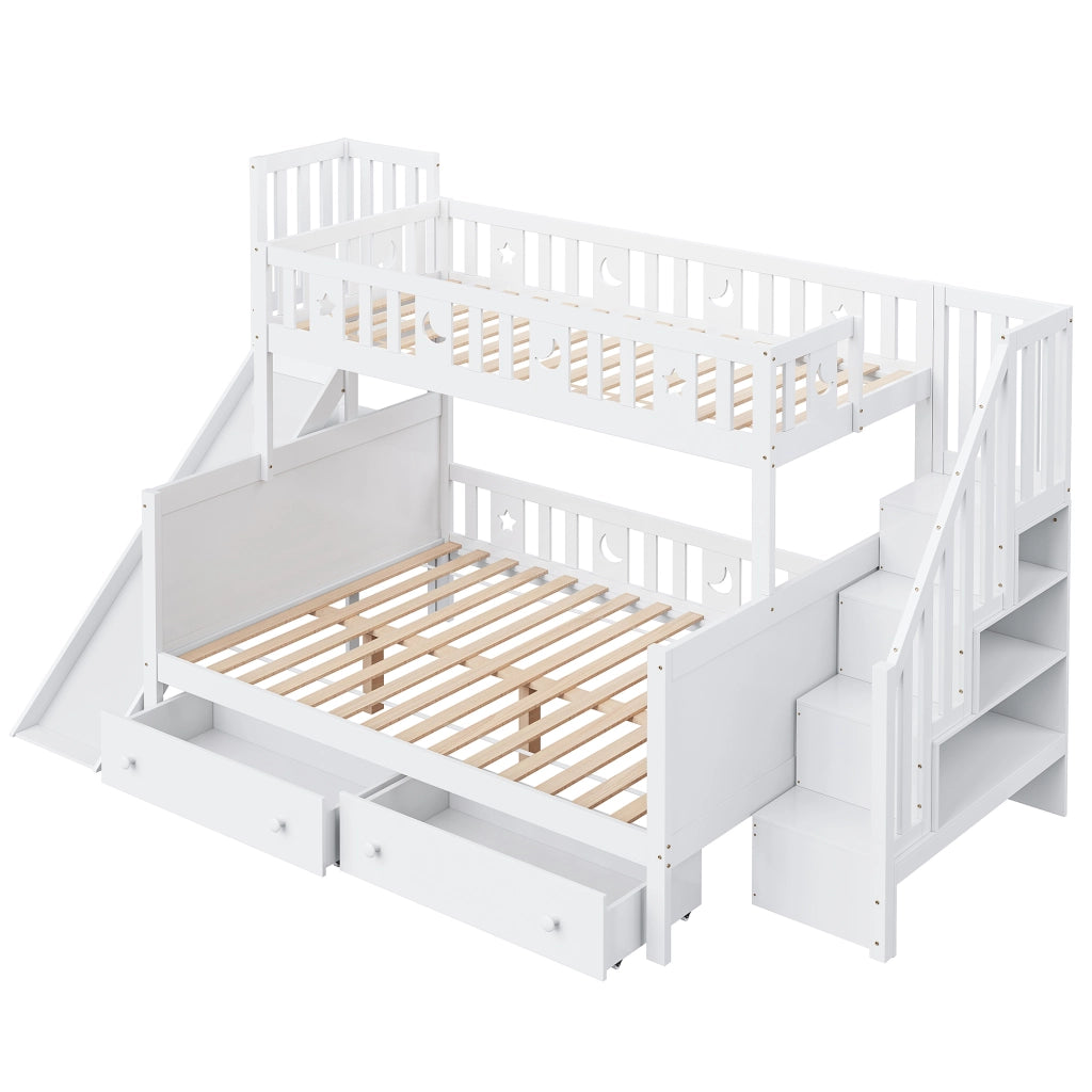 OKWISH Letto a Castello 90×200 cm e 140×200 cm, Letto 3 Posti con Scivolo, Ripiani e 2 Cassetti, senza Materasso, Bianco