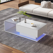 OKWISH Tavolino da Salotto Rettangolare con 1 Cassetto, LED e Piano in Vetro, per Soggiorno, Bianco, 100×50×32 cm