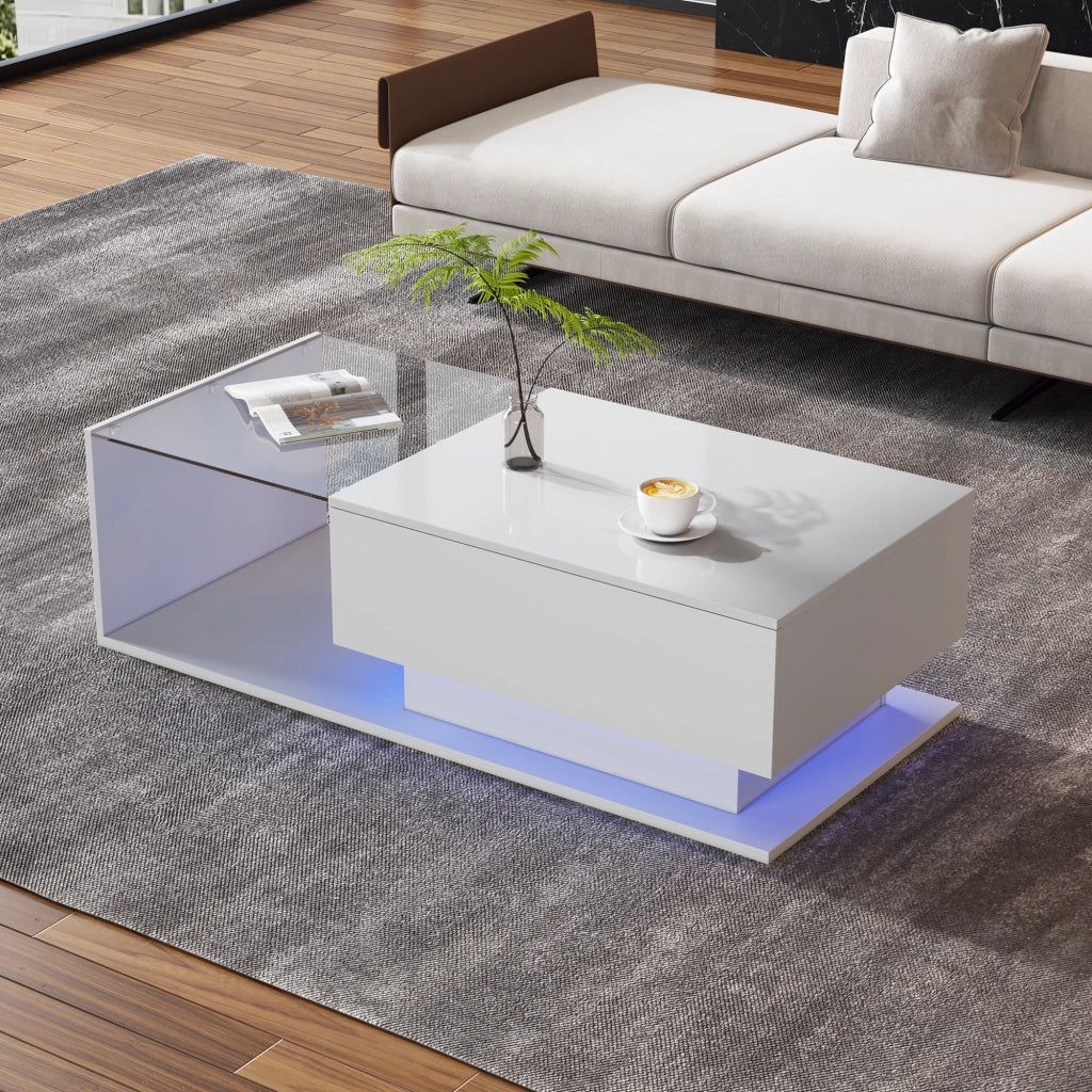 OKWISH Tavolino da Salotto Rettangolare con 1 Cassetto, LED e Piano in Vetro, per Soggiorno, Bianco, 100×50×32 cm