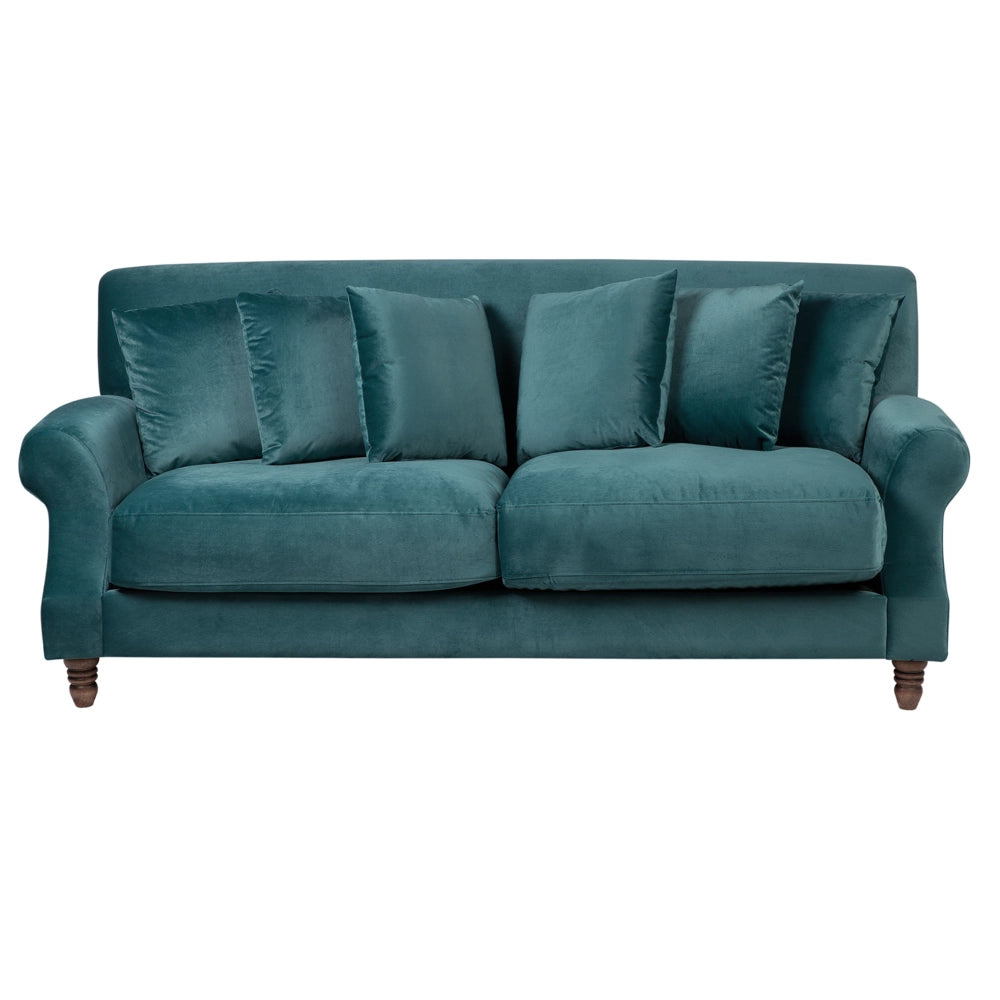 Divano con 6 cuscini Rivestimento in velluto verde smeraldo Gambe in legno chiaro 2 posti