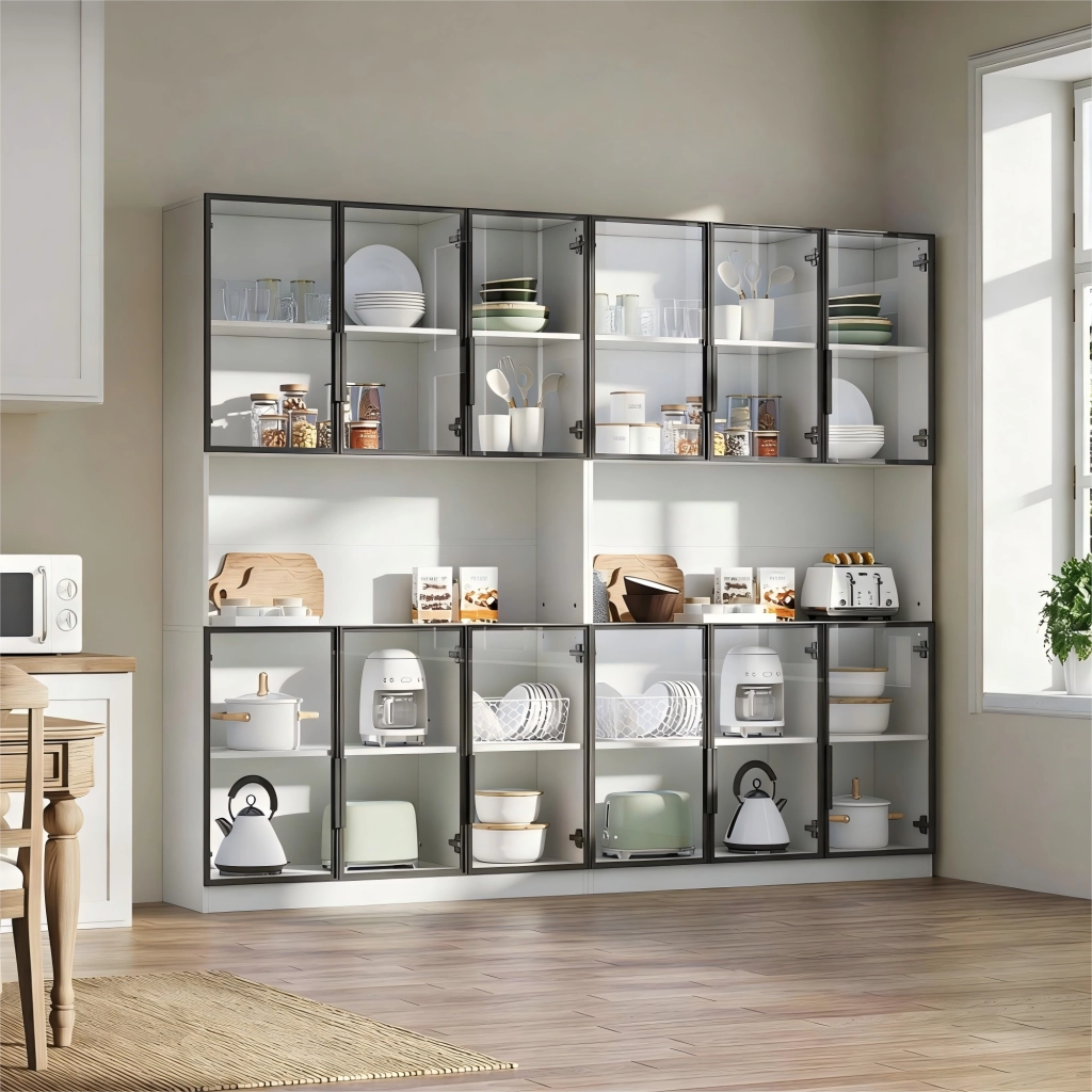 Vetrina con LED e 12 ante in vetro, per soggiorno e sala da pranzo, in MDF e vetro, bianco, 240 × 34 × 200 cm