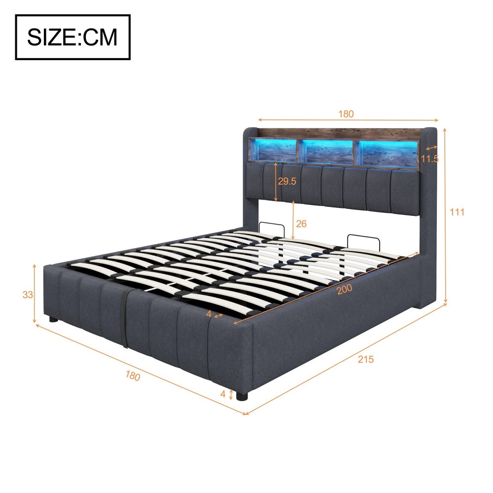 Letto Imbottito Matrimoniale con LED, USB, Contenitore Idraulico ¨C MINIMAL ¨C Tessuto Grigio 180x200