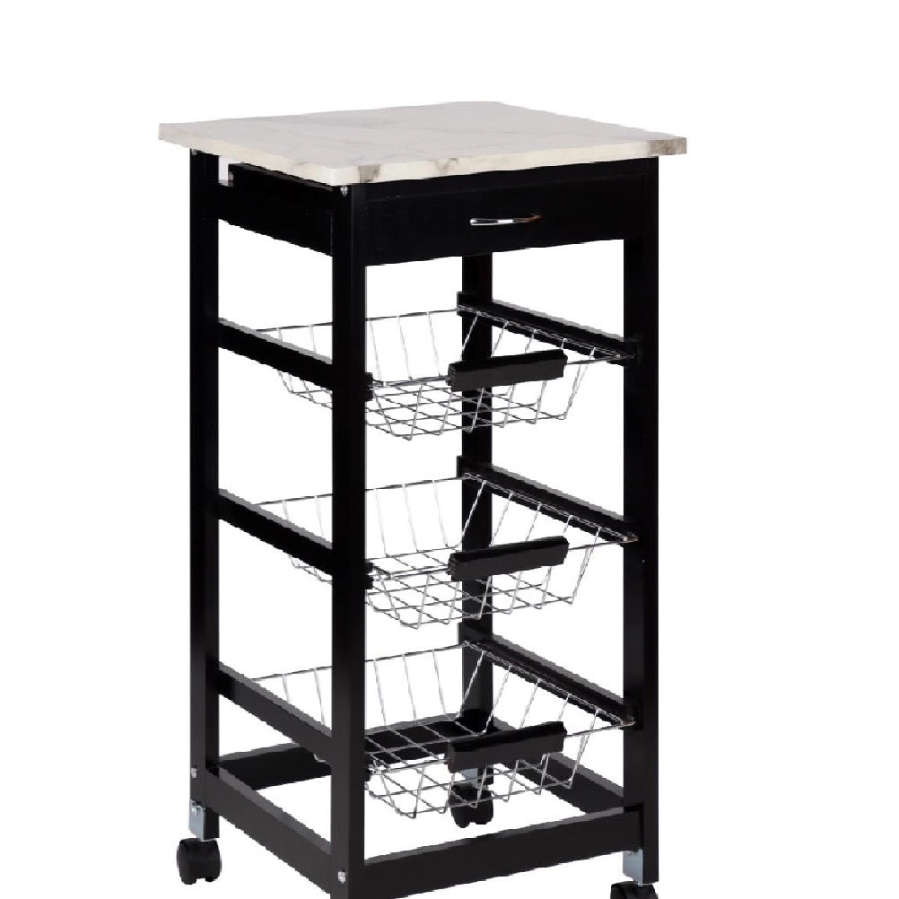 Carrello Cucina Legno 3 Cestelli Acciaio Top Effetto Marmo 1 Cassetto Salvaspazio
