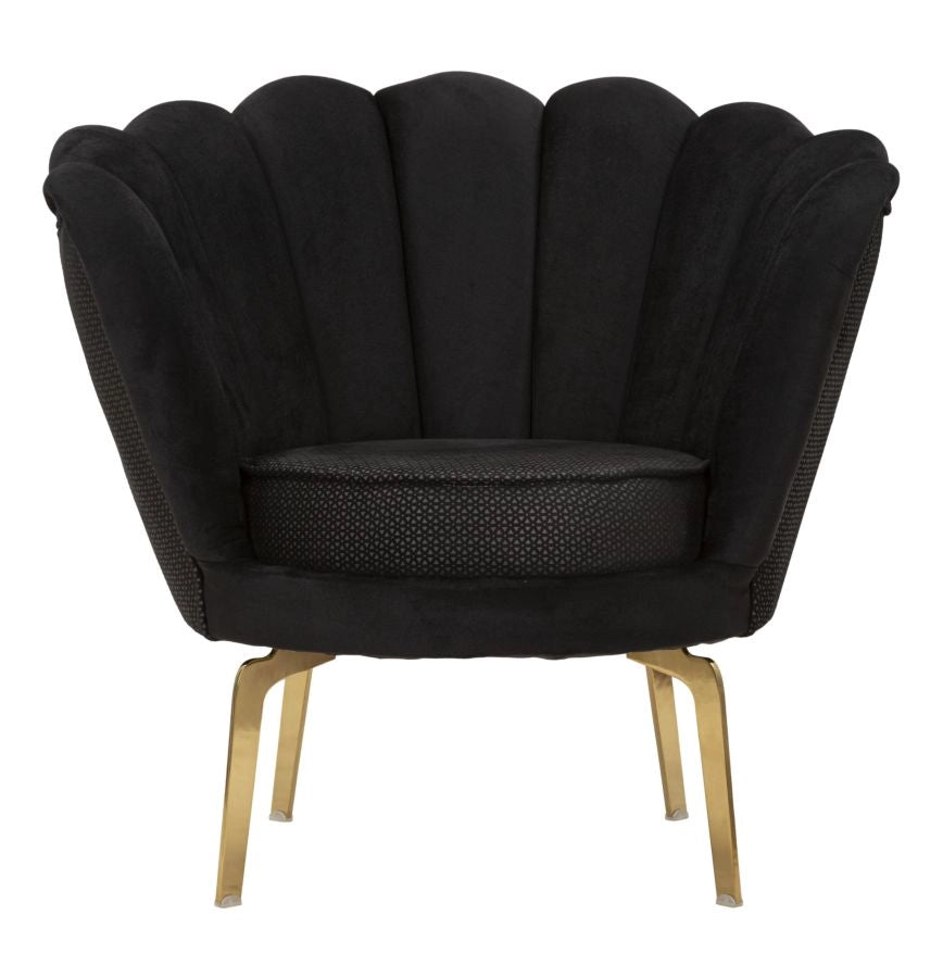 Poltrona elegante, tessuto imbottito nero, gambe metallo dorate 83x76x78cm Vienna Plus