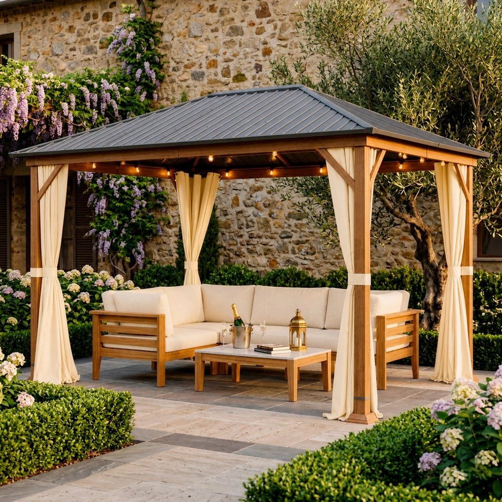 Gazebo 3X4 Metri Per Giardino Con Tetto In Acciaio Zincato Struttura Effetto Legno Tende Laterali Impermeabile Per Outdoor Patio Terrazza 300 X 400 X 295 Cm Effetto Legno E Beige