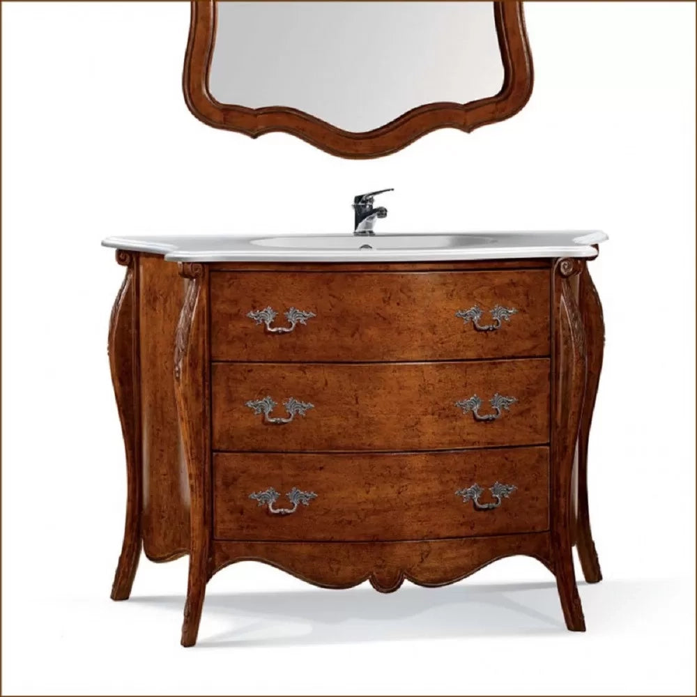 Mobile bagno bombato 122 cm in legno lavabo 3 cassetti e specchio