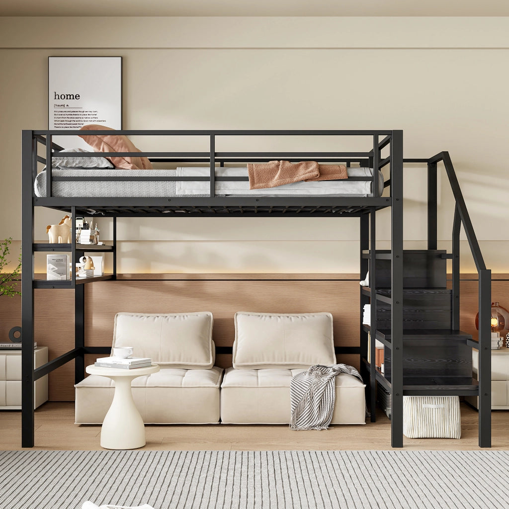 OKWISH Letto a Soppalco 140×200 cm, Letto Matrimoniale con Mensole, Scala con Contenitori e Sponda, senza Materasso, Metallo, Nero