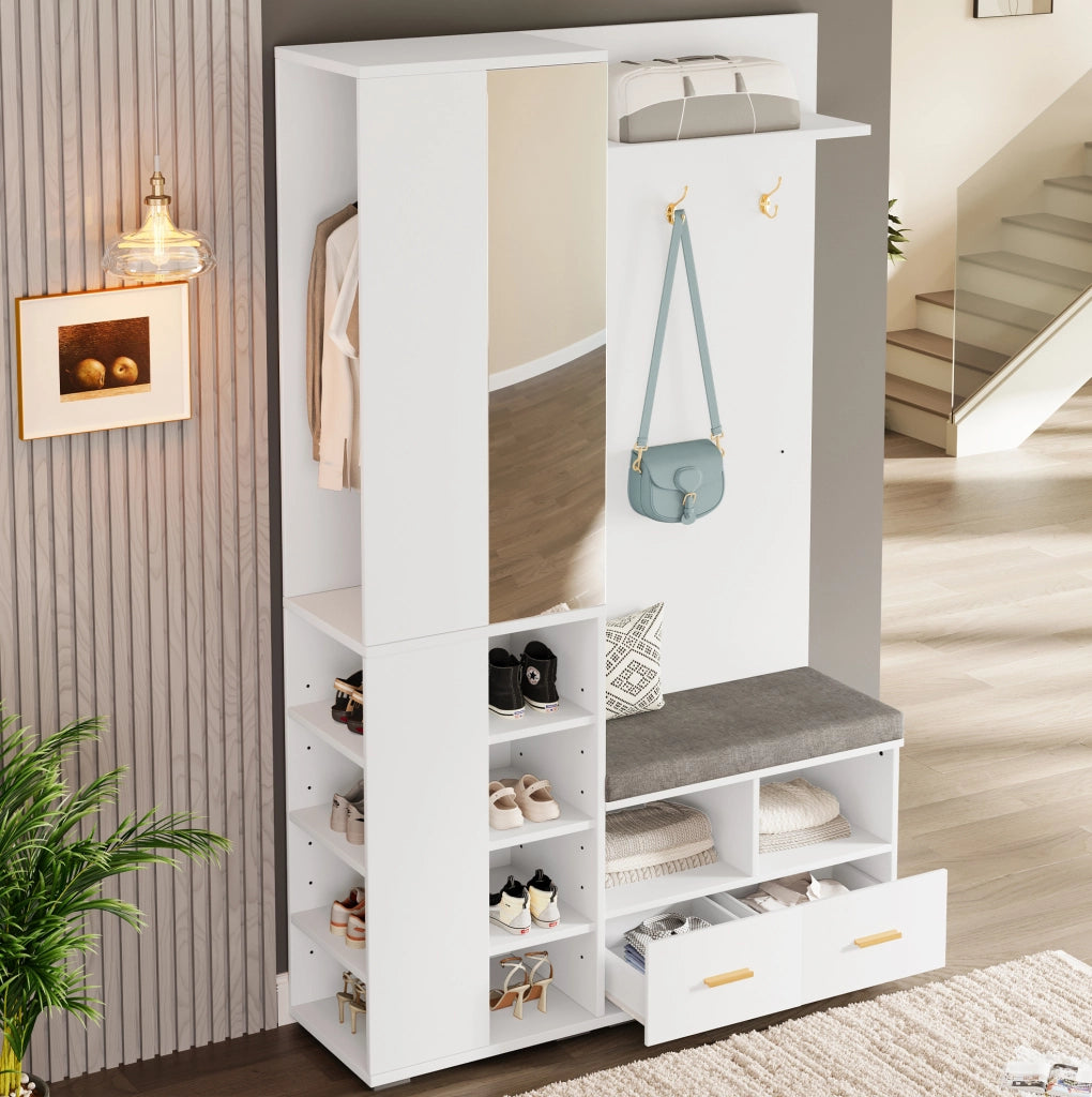 Mobile ingresso con specchio; barra appendiabiti; panca e 2 cassetti; bianco; 120x35x190 cm