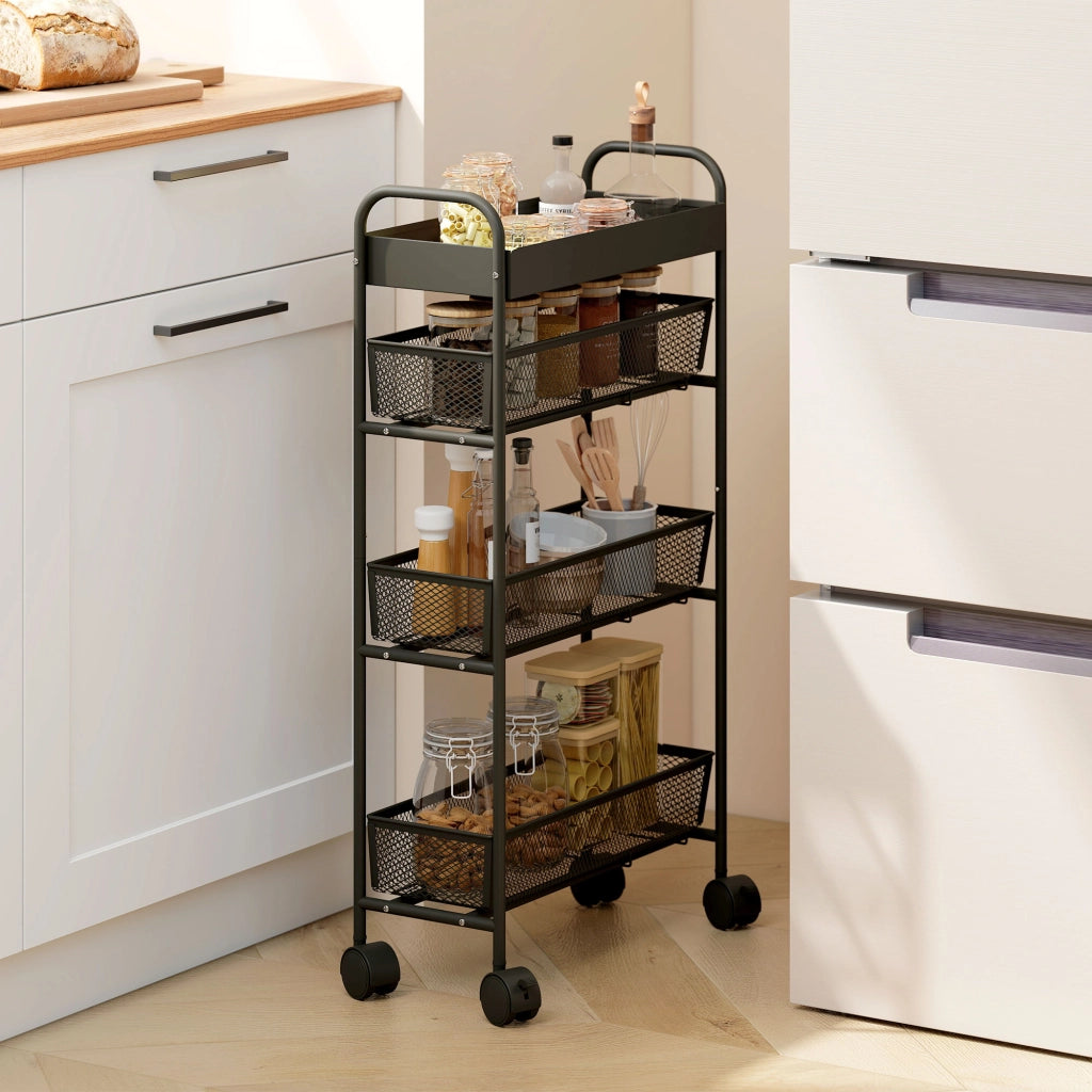 Carrello a 4 livelli con 3 cesti scorrevoli ¨C zephmum ¨C nero 80x43.2x19 cm
