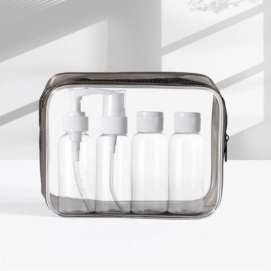 Set di flaconi trasparenti per viaggio, vuoti, flaconi per liquidi, set di flaconi per prodotti personali, impermeabili, per viaggi aerei, flaconi in plastica, 1 set, colore nero, dimensione S