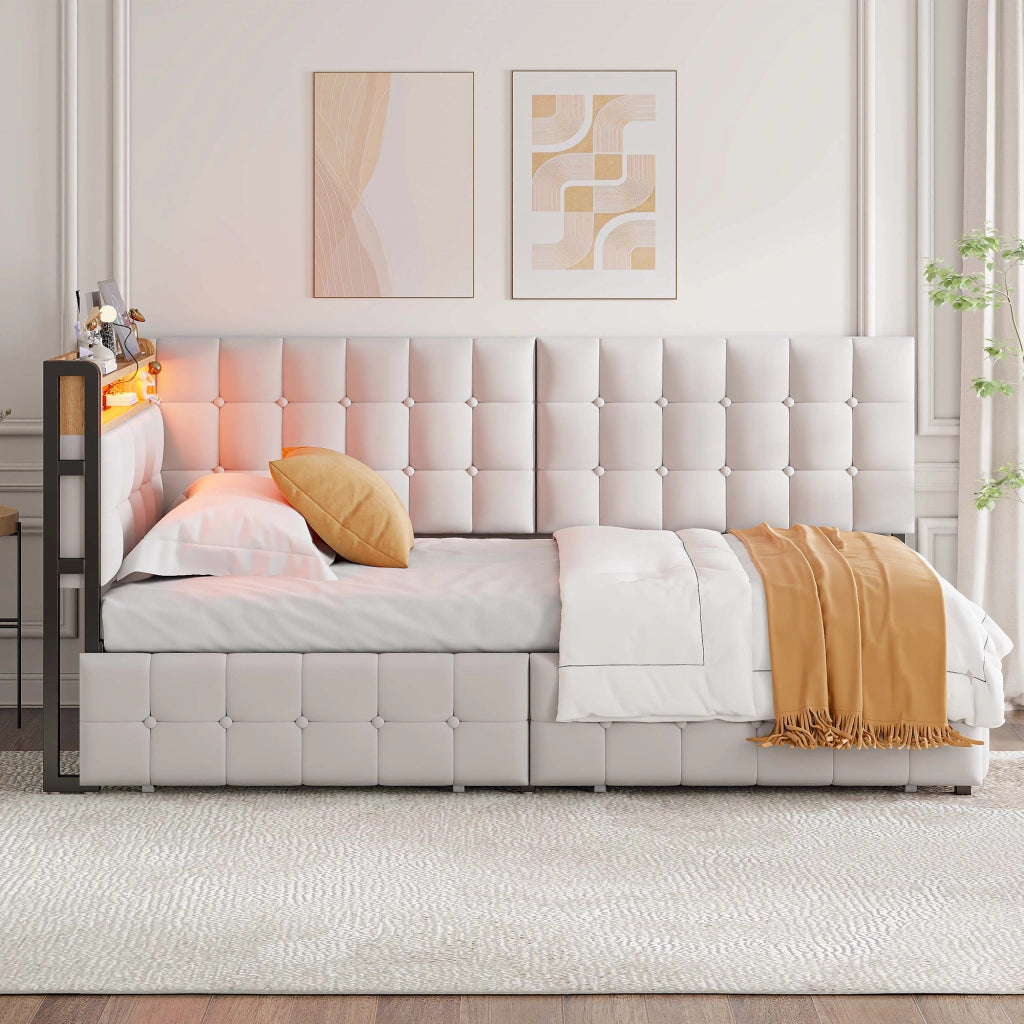 OKWISH Letto Divano 90×200 cm, Letto Singolo con 2 Cassetti, LED Regolabile e USB e Tipo C, senza Materasso, in Tessuto, Beige
