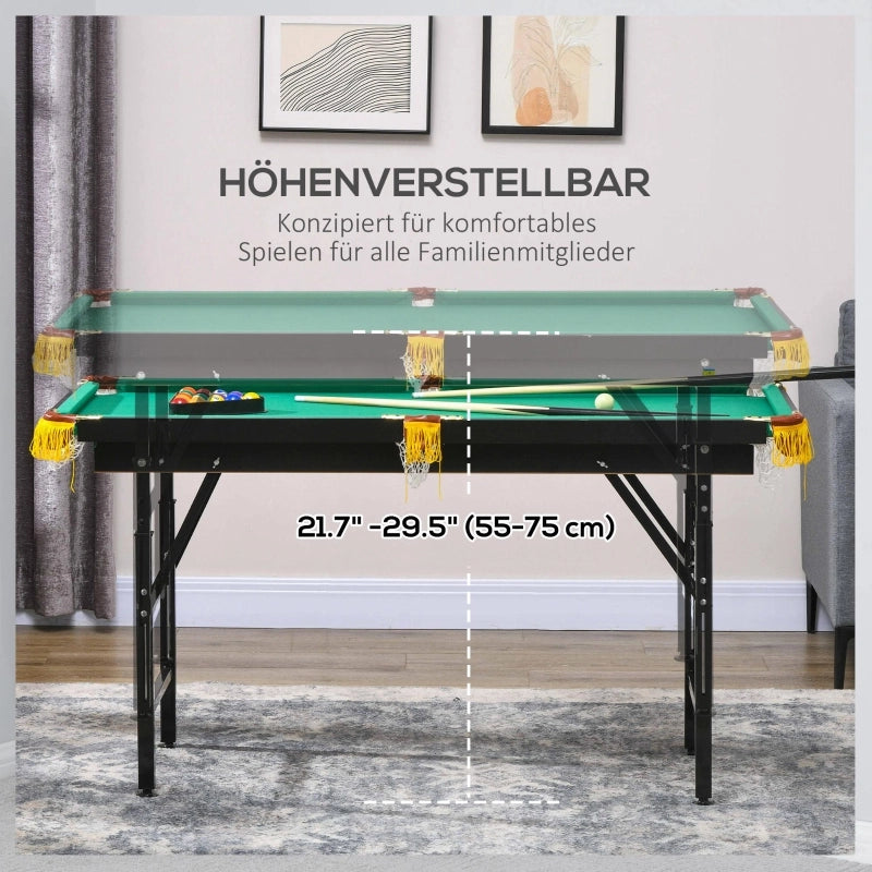 Tavolo da biliardo pieghevole, regolabile in altezza, con triangolo, 2 stecche e 16 palle, colore verde.