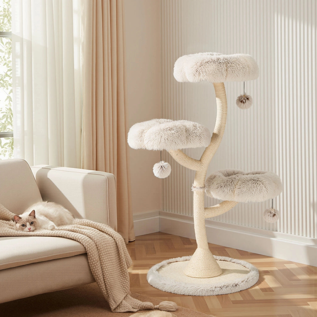 Fudajo Albero tiragraffi per gatti di design con 3 piattaforme, Ø 59 cm, altezza 125 cm, portata max. 15 kg, beige con sisal e peluche, colonna con 3 livelli