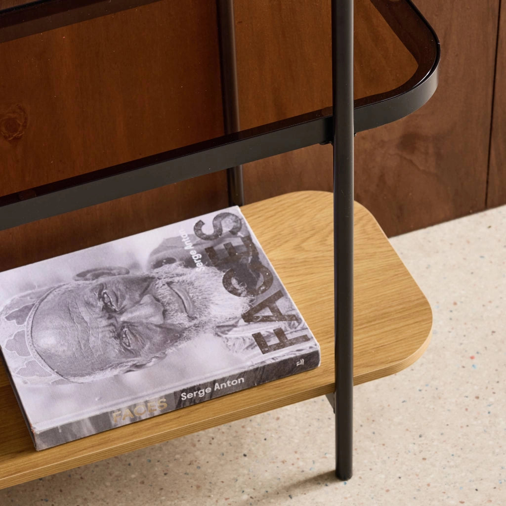 Libreria in vetro, legno e metallo a 3 livelli, marrone naturale