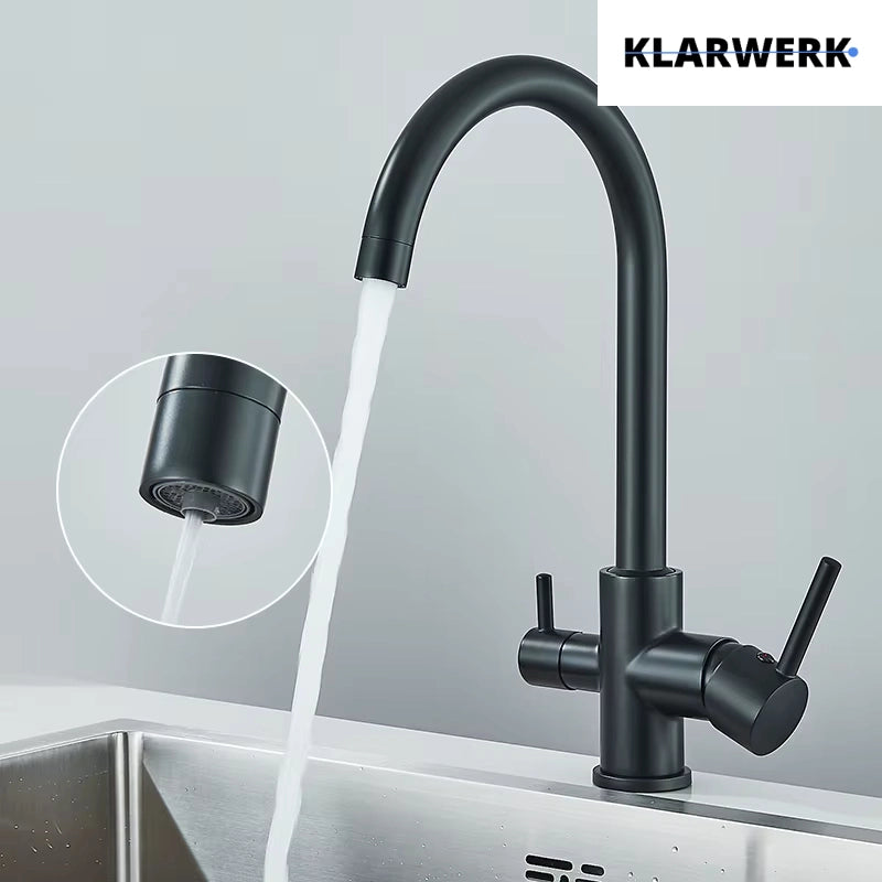 JULIE | Rubinetto per acqua potabile a 3 vienero opaco|da cucina ad osmosi in acciaio inossidabile  miscelatore: ruotabile a 360°|Filtra 3 connessioni