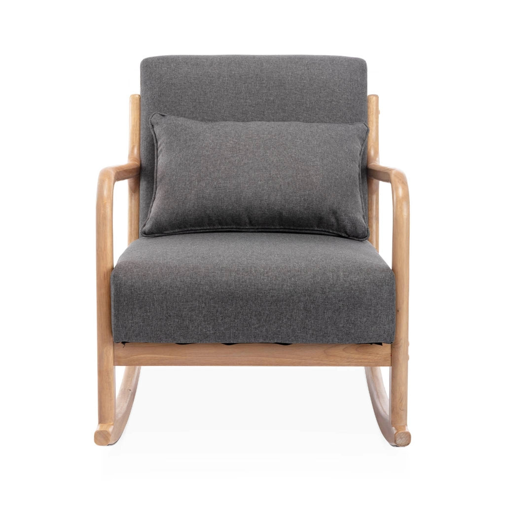 Poltrona scandinava a dondolo in legno e tessuto con braccioli, grigio